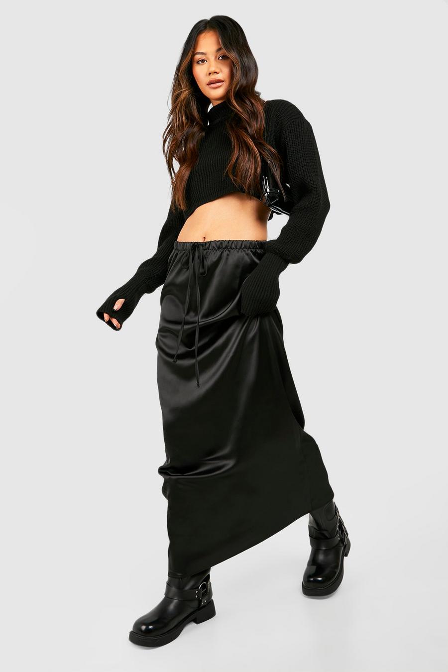 Black Drawcord Satin Maxi Skirt