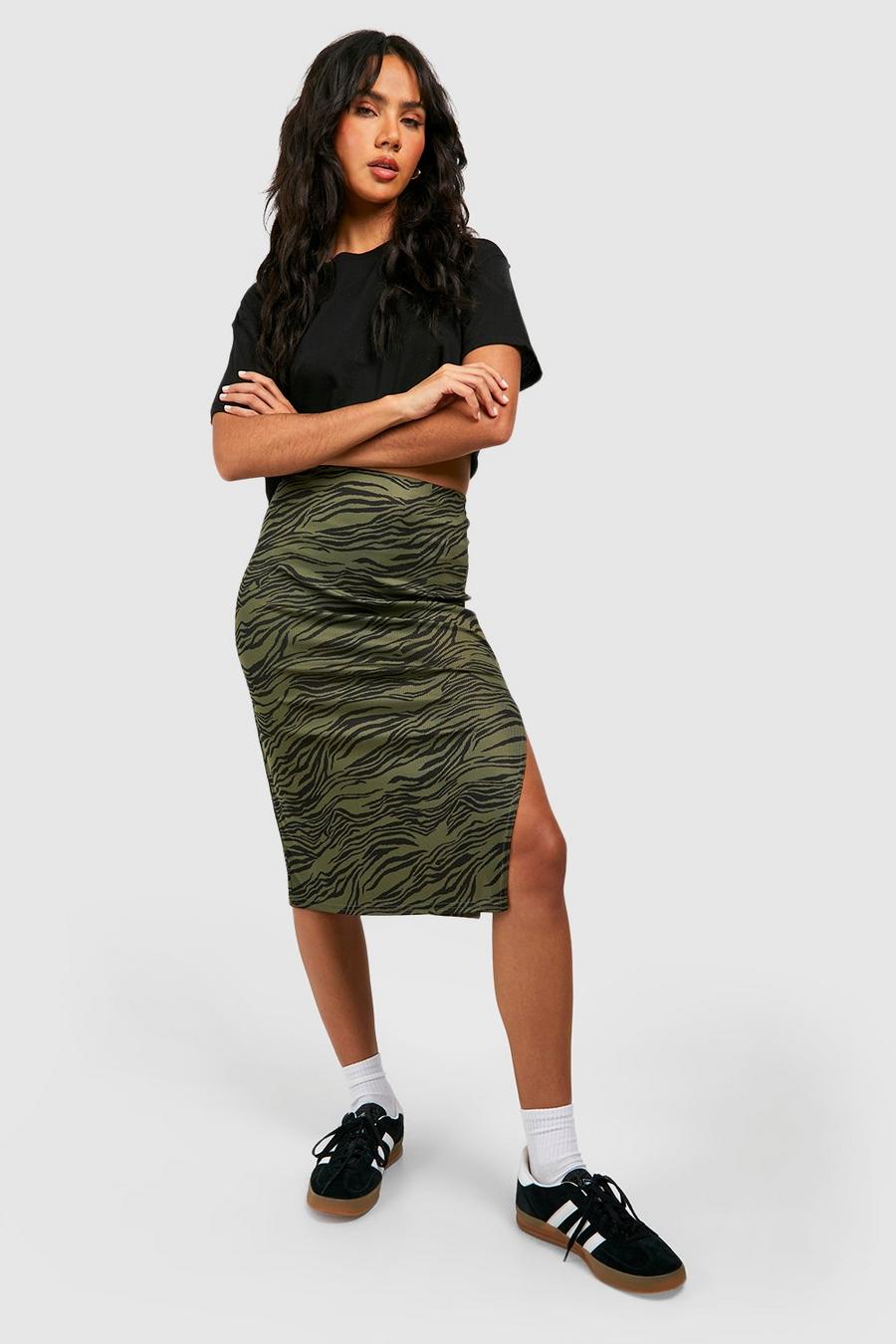 Khaki Zebra Print Rib Side Split Midi Skirt