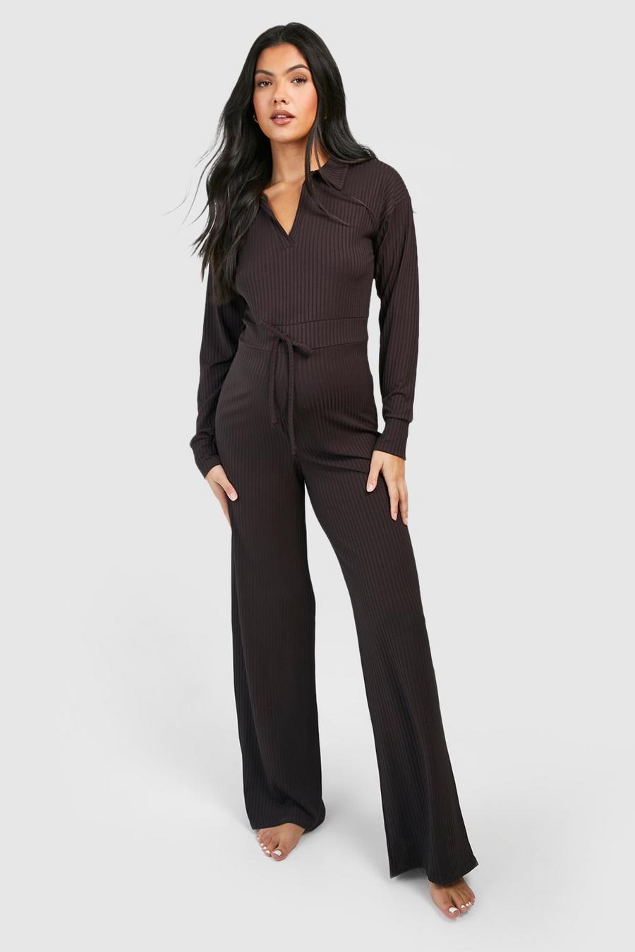 Chocolate Maternity Collared Wide Leg Loungewear Jumpsuit image number 1