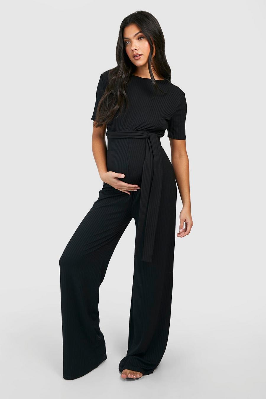 Black Maternity Short Sleeve Belted Loungewear Jumpsuit image number 1