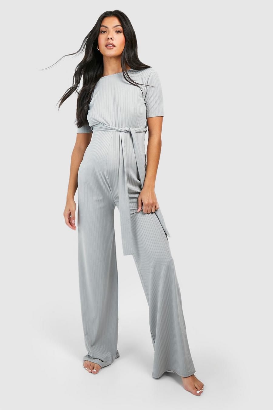 Grey marl gris Maternity Short Sleeve Belted Loungewear Jumpsuit