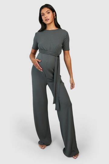 Maternity Short Sleeve Belted Loungewear Jumpsuit khaki