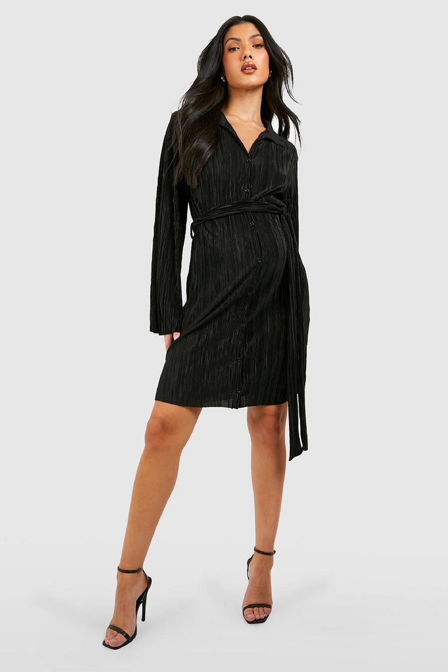 Black Mammakläder Plisserad midiklänning med knytskärp image number 1