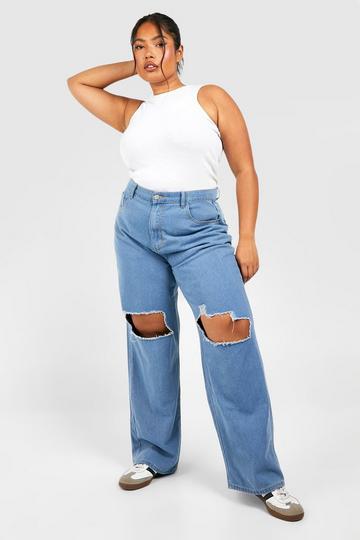 Plus Ripped Knee Acid Wash Straight Leg Jeans light blue