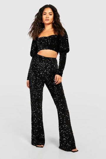 Black Velvet Sequin High Waisted Flared Pants