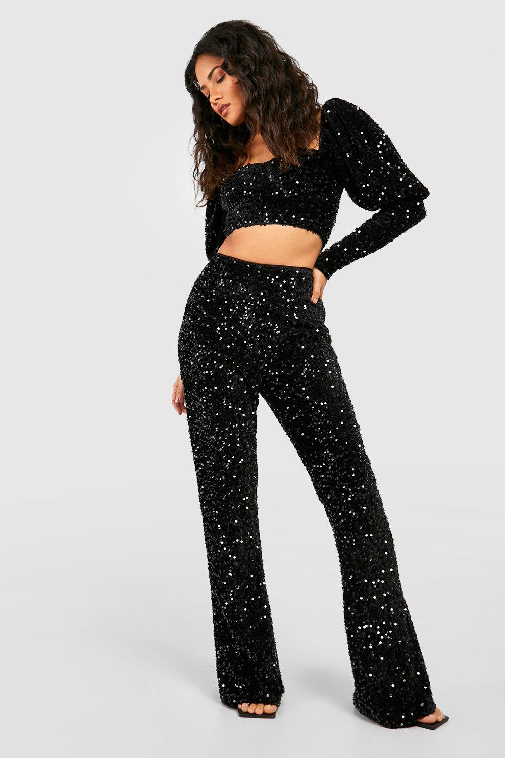 High waisted black sequin pants fashion