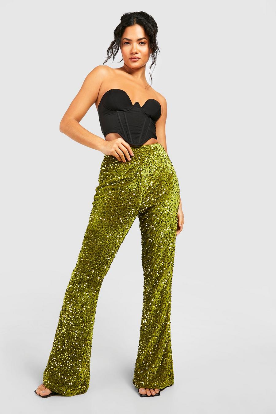 Chartreuse Velvet Sequin High Waisted Flared Pants image number 1