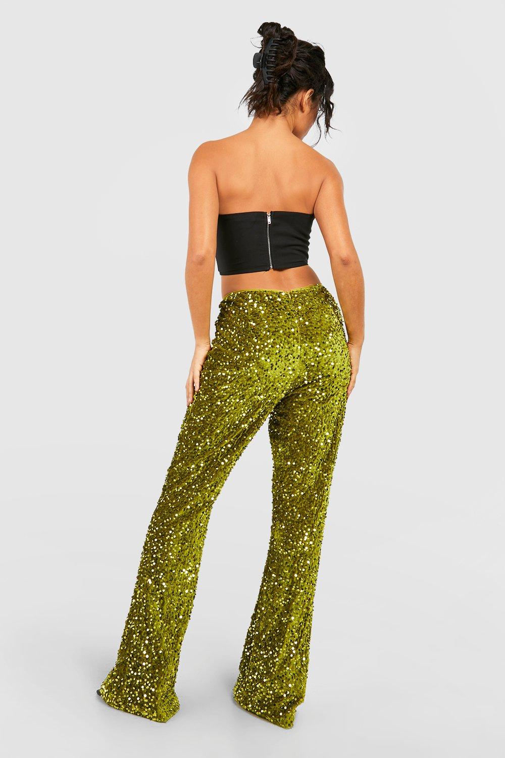 Yellow Sequin Flare Leg Pant, Pants