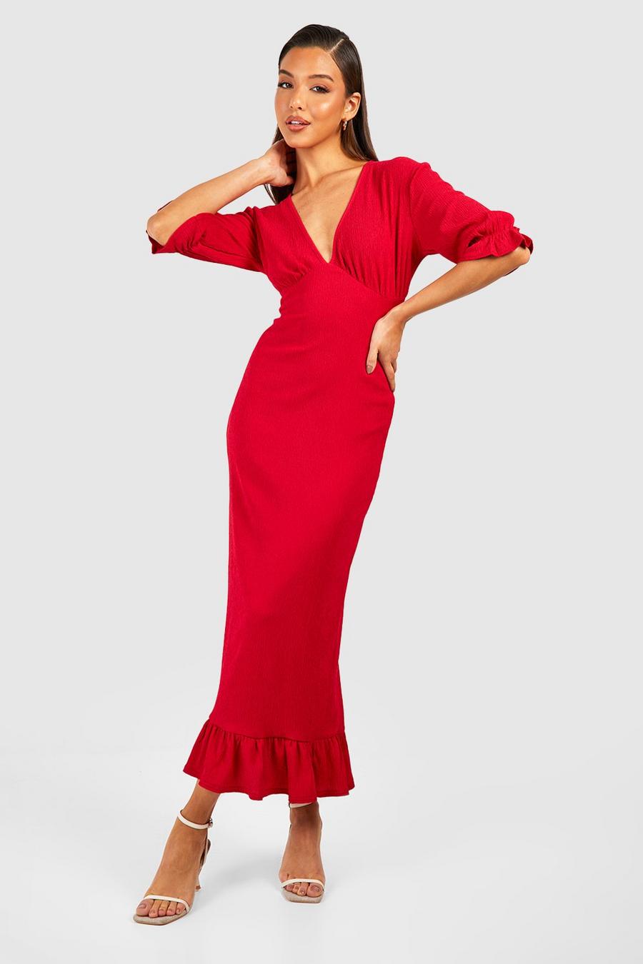 Red Textured Frill Midi Dress