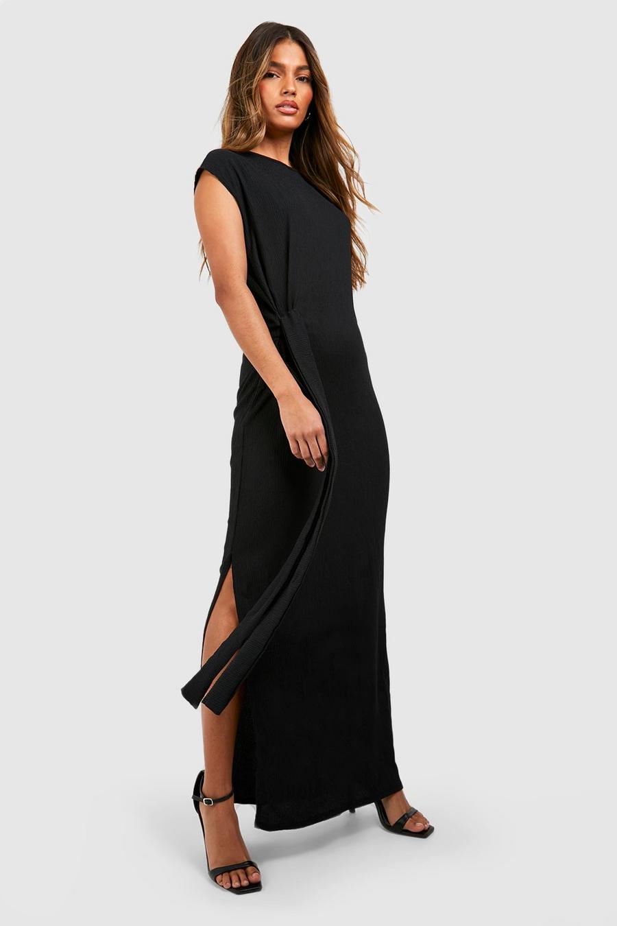 Black Textured Cap Sleeve Tie Detail Maxi Dress image number 1