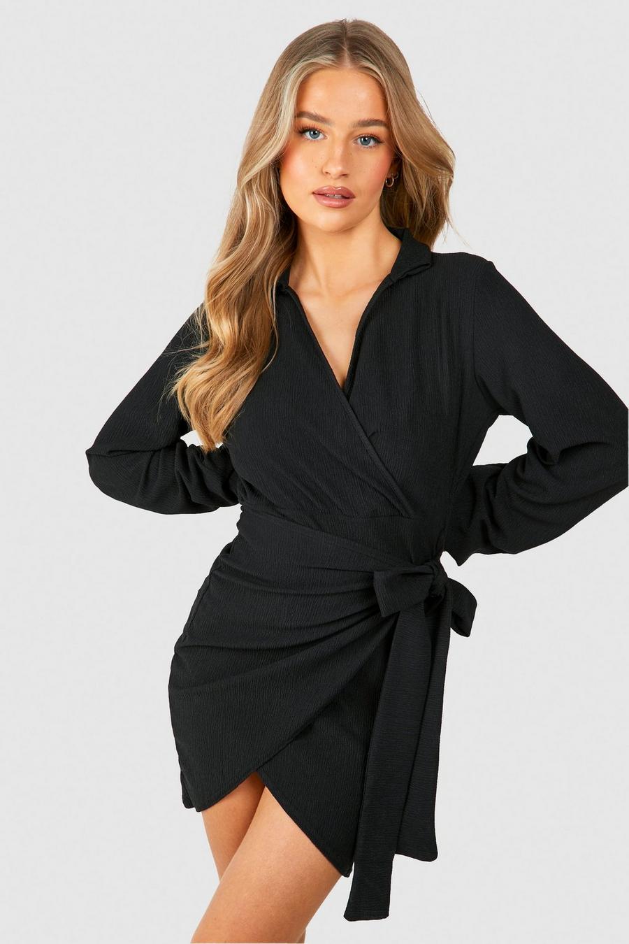 Black Textured Wrap Mini Shirt Dress image number 1