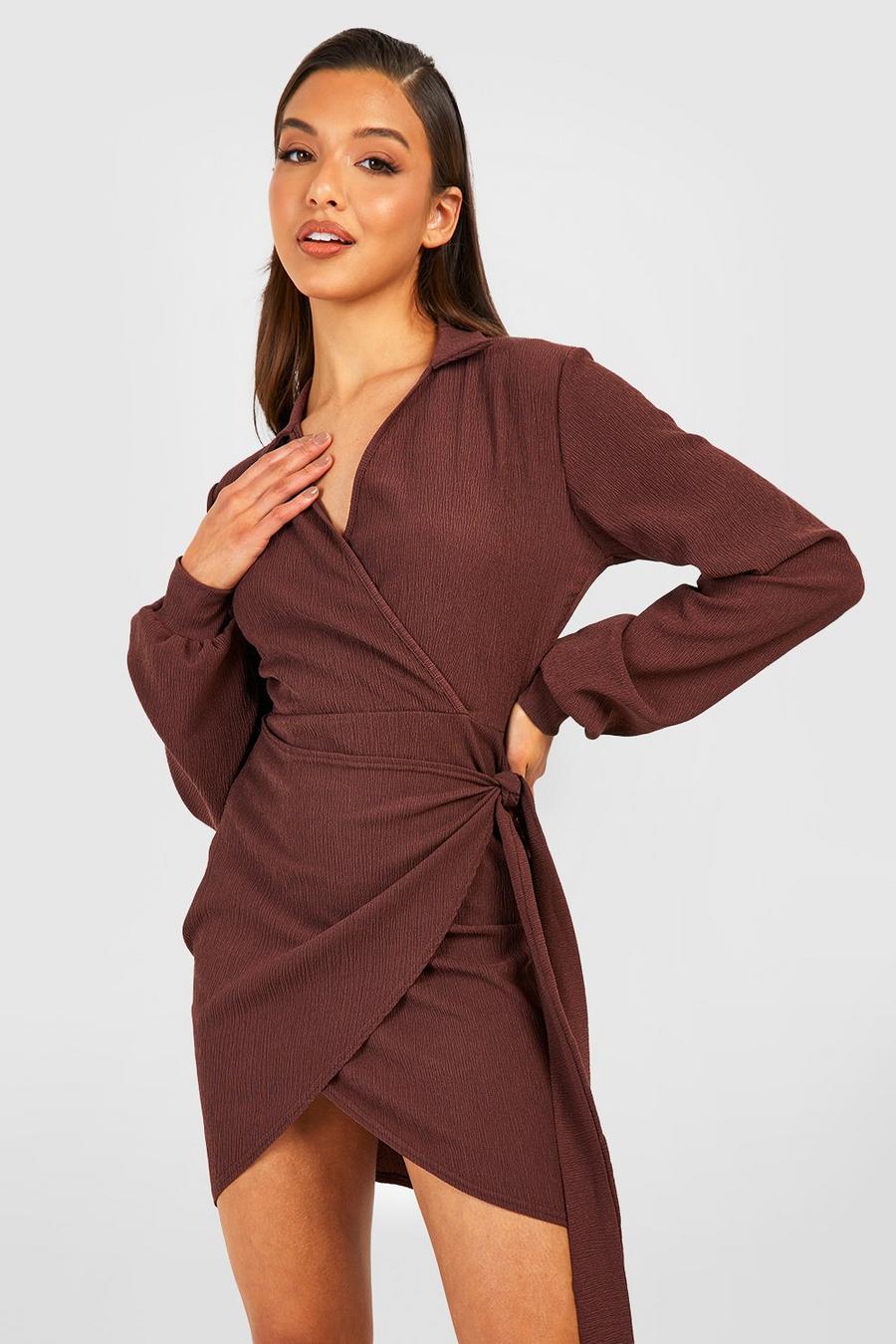 Chocolate brown Textured Wrap Mini Shirt Dress