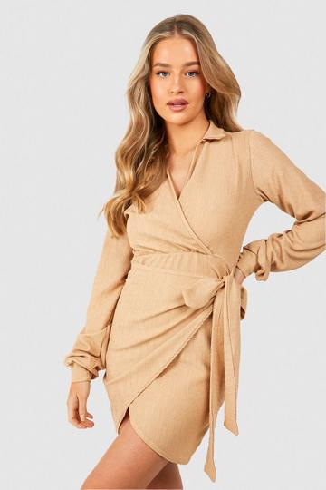 Stone Beige Textured Wrap Mini Shirt Dress