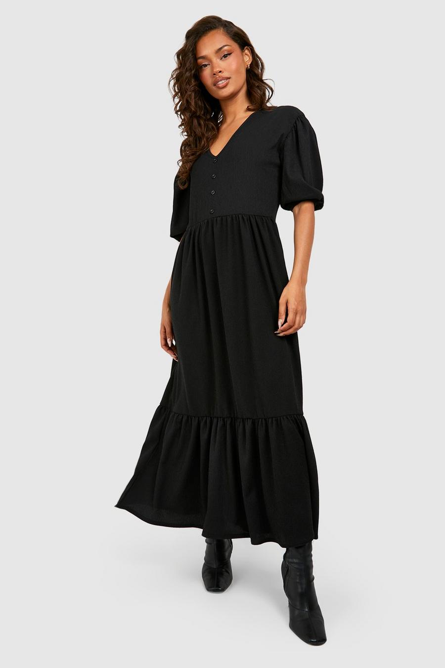 Black Textured Button Down Midi Smock Dress