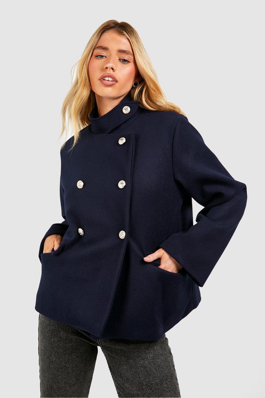 Cappotto corto effetto lana con bottoni, Navy