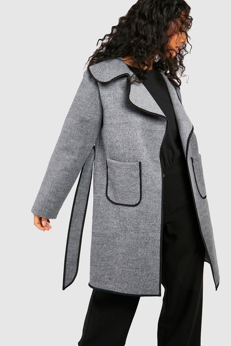 Grey marl Contrast Detail Belted Wool Look Coat  image number 1
