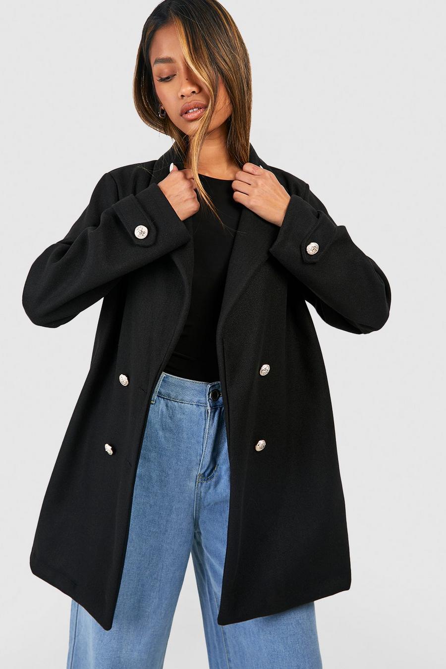 Manteau long effet laine à bouton contrastant, Black image number 1