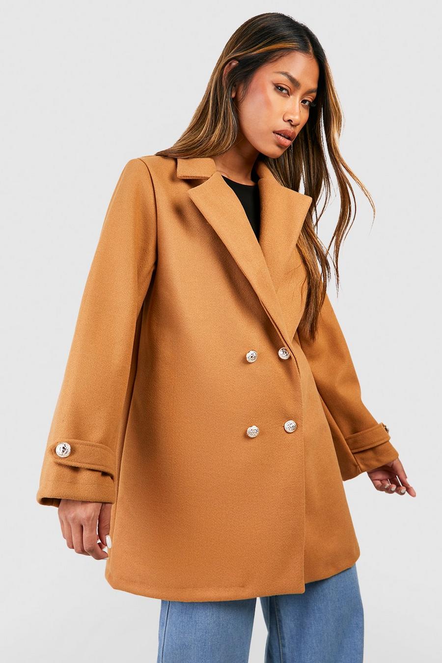 Camel Button Detail Wool Look Longline Coat image number 1