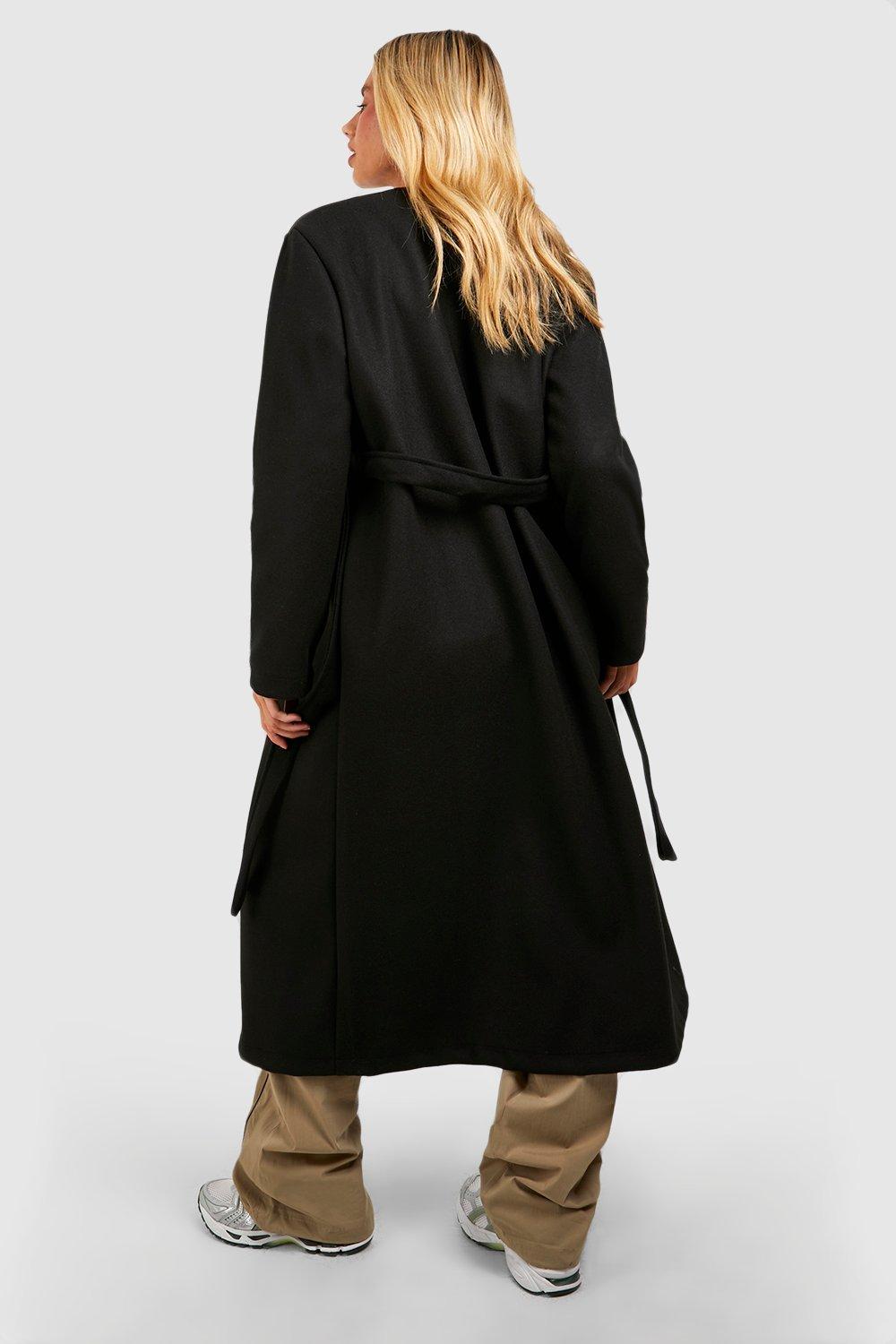 Collarless Wool Look Belted Coat