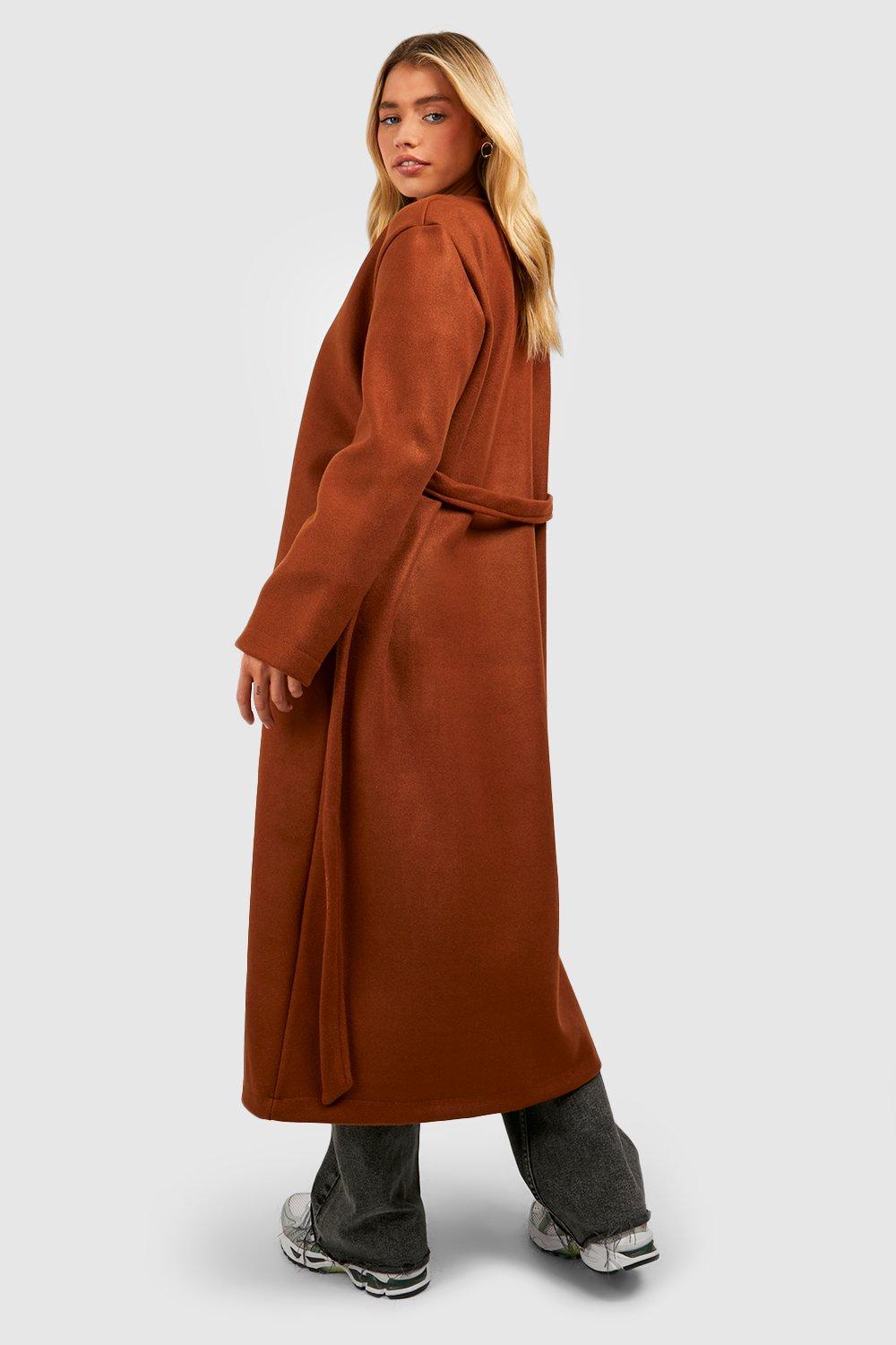 Collarless Wool Look Belted Coat