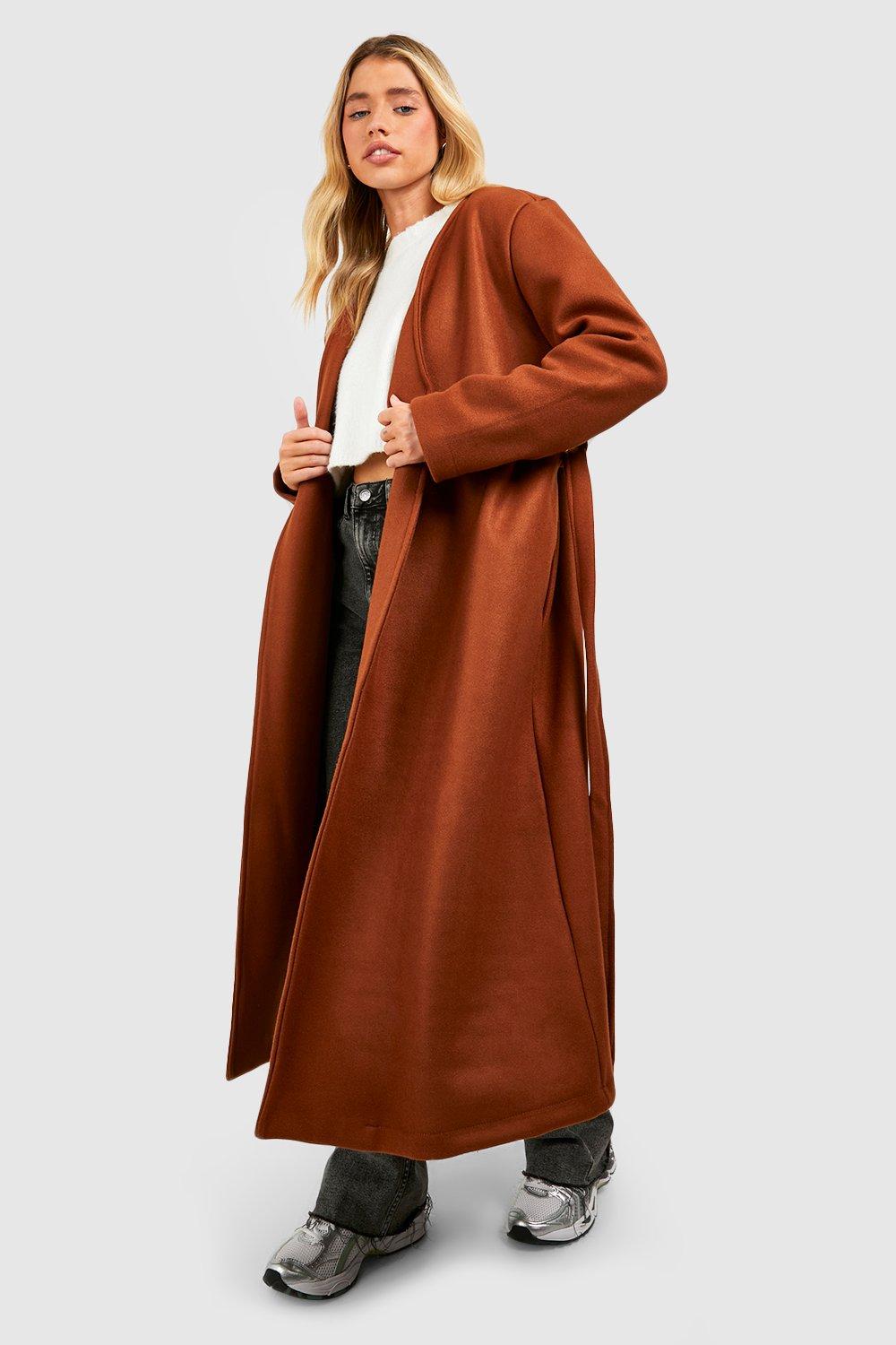 Collarless Wool Look Belted Coat