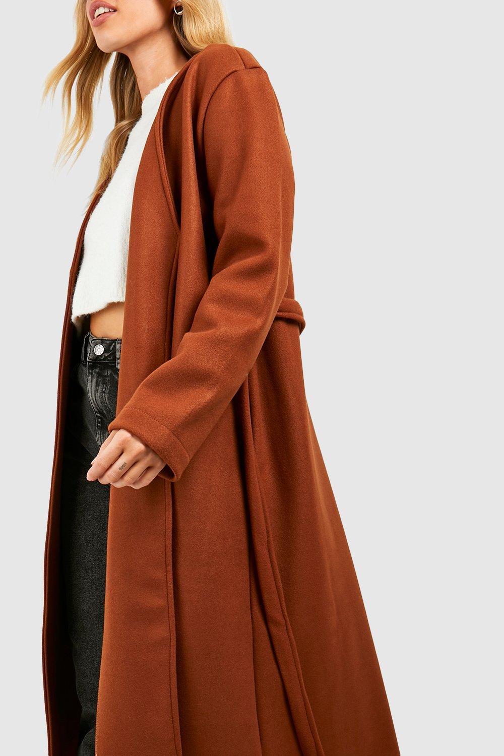 Collarless Wool Look Belted Coat