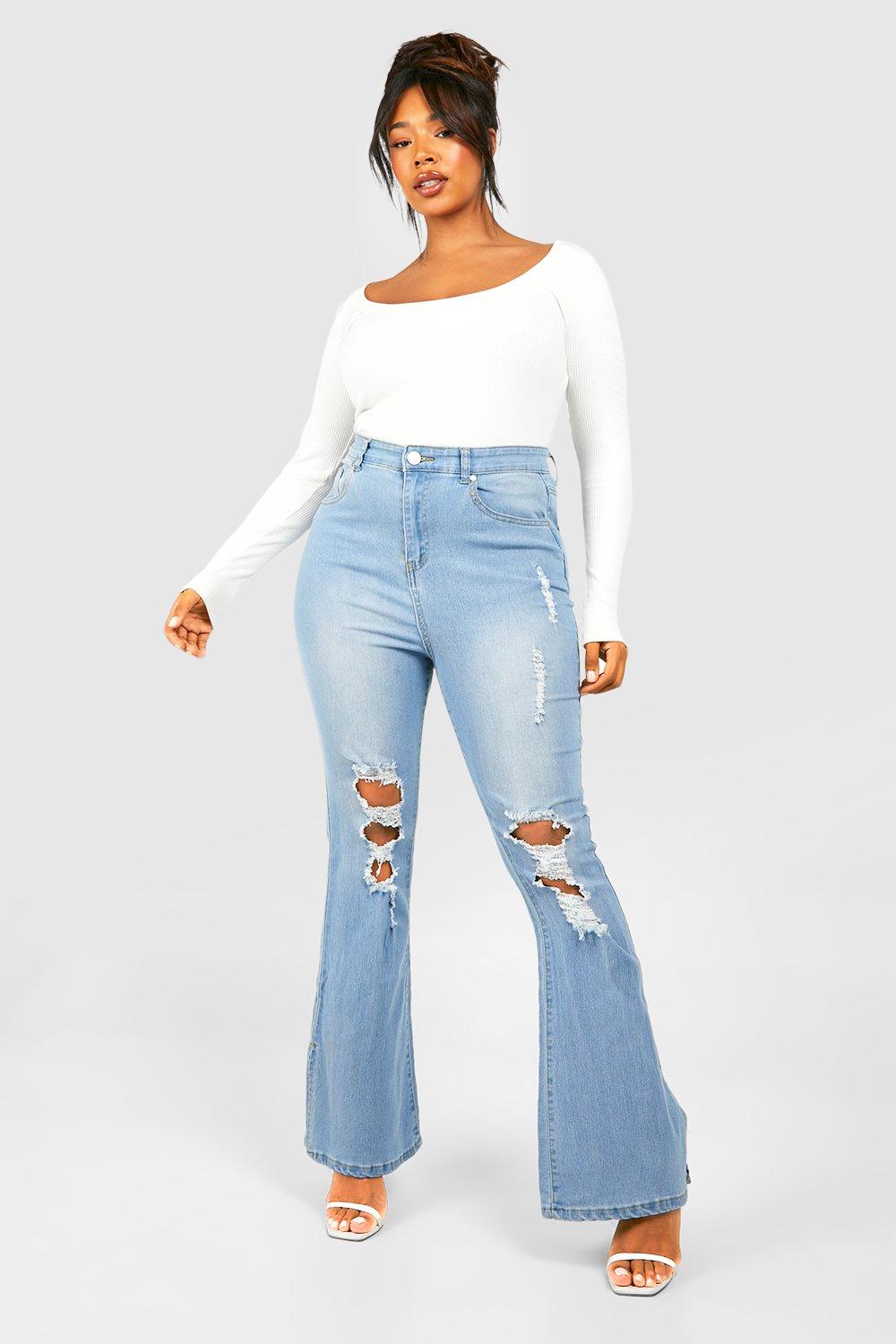 Plus High Waisted Split Detail Flare Jeans