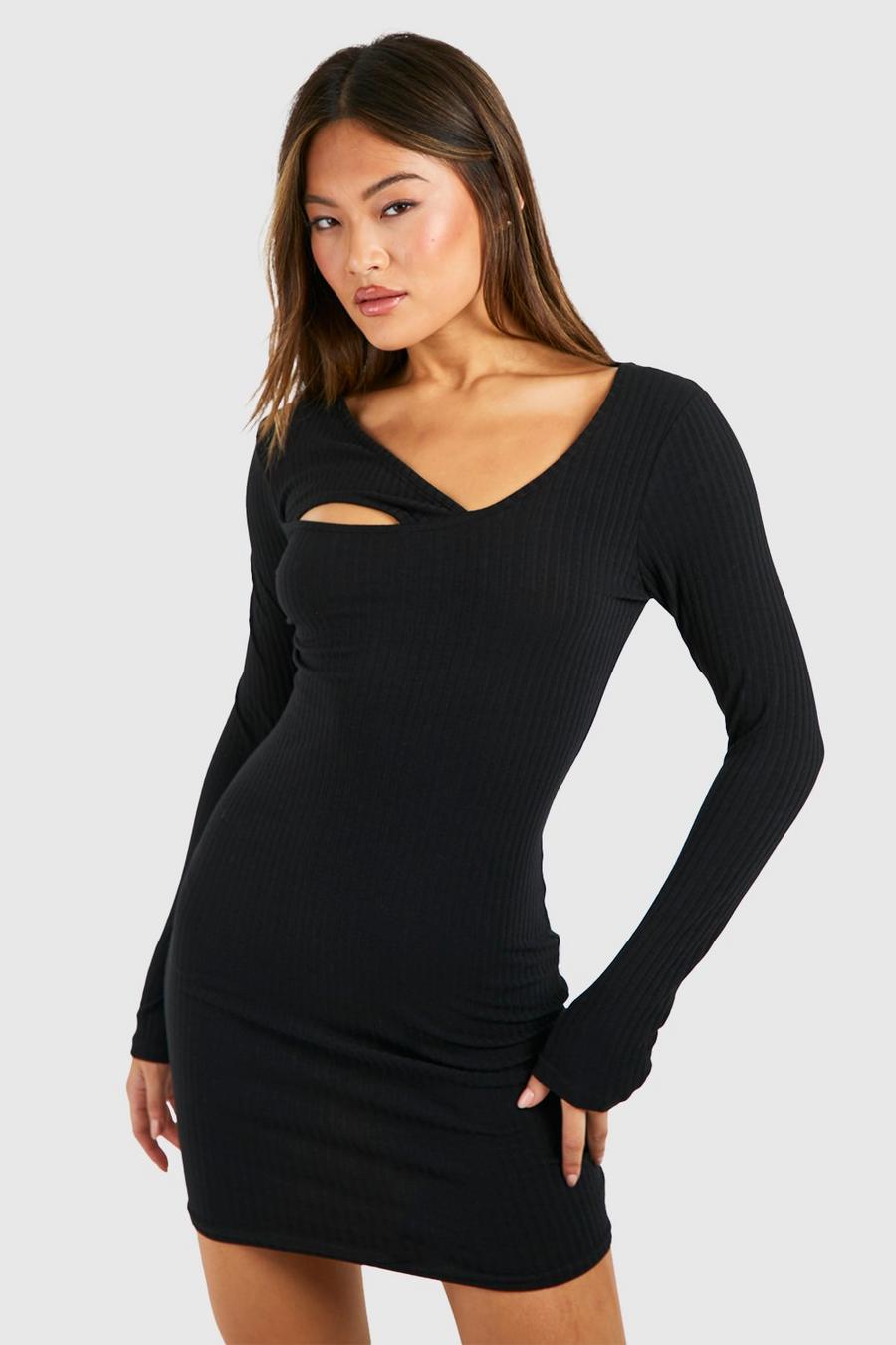 Black Soft Rib Asymmetric Long Sleeve Mini Dress