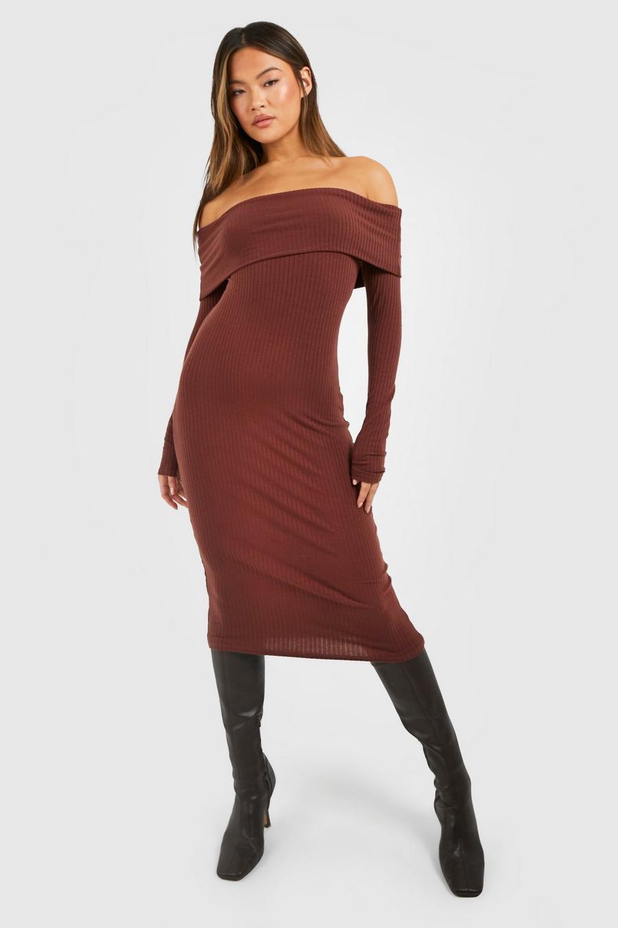 Chocolate Soft Rib Off The Shoulder Long Sleeve Midi Dress image number 1