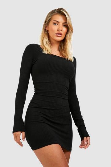 Soft Rib Square Neck Long Sleeve Mini Dress black