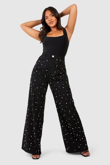 Plus Pearl Embellished Wide Leg Jean black