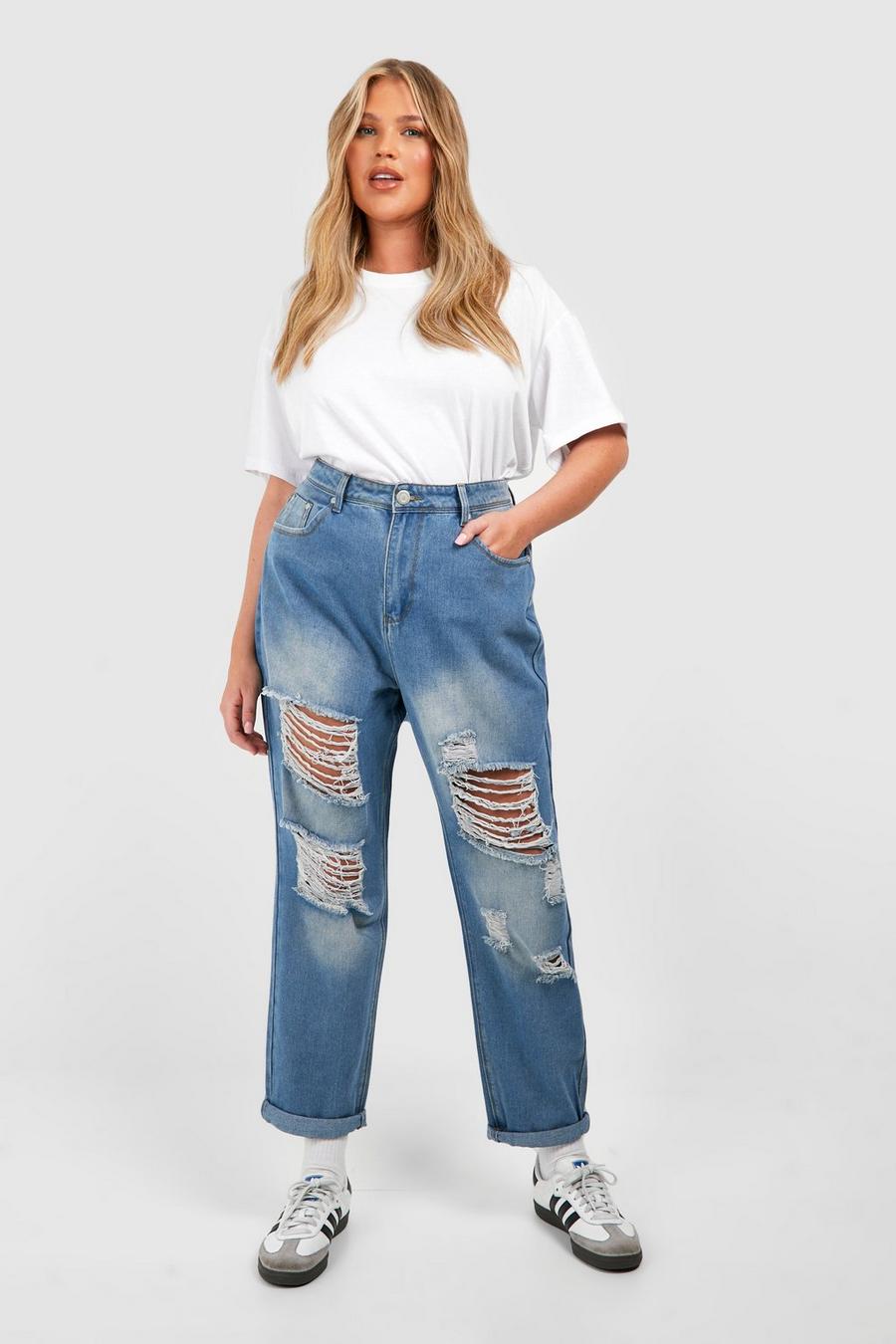 Jeans Mom Plus Size con strappi all over, Blue image number 1