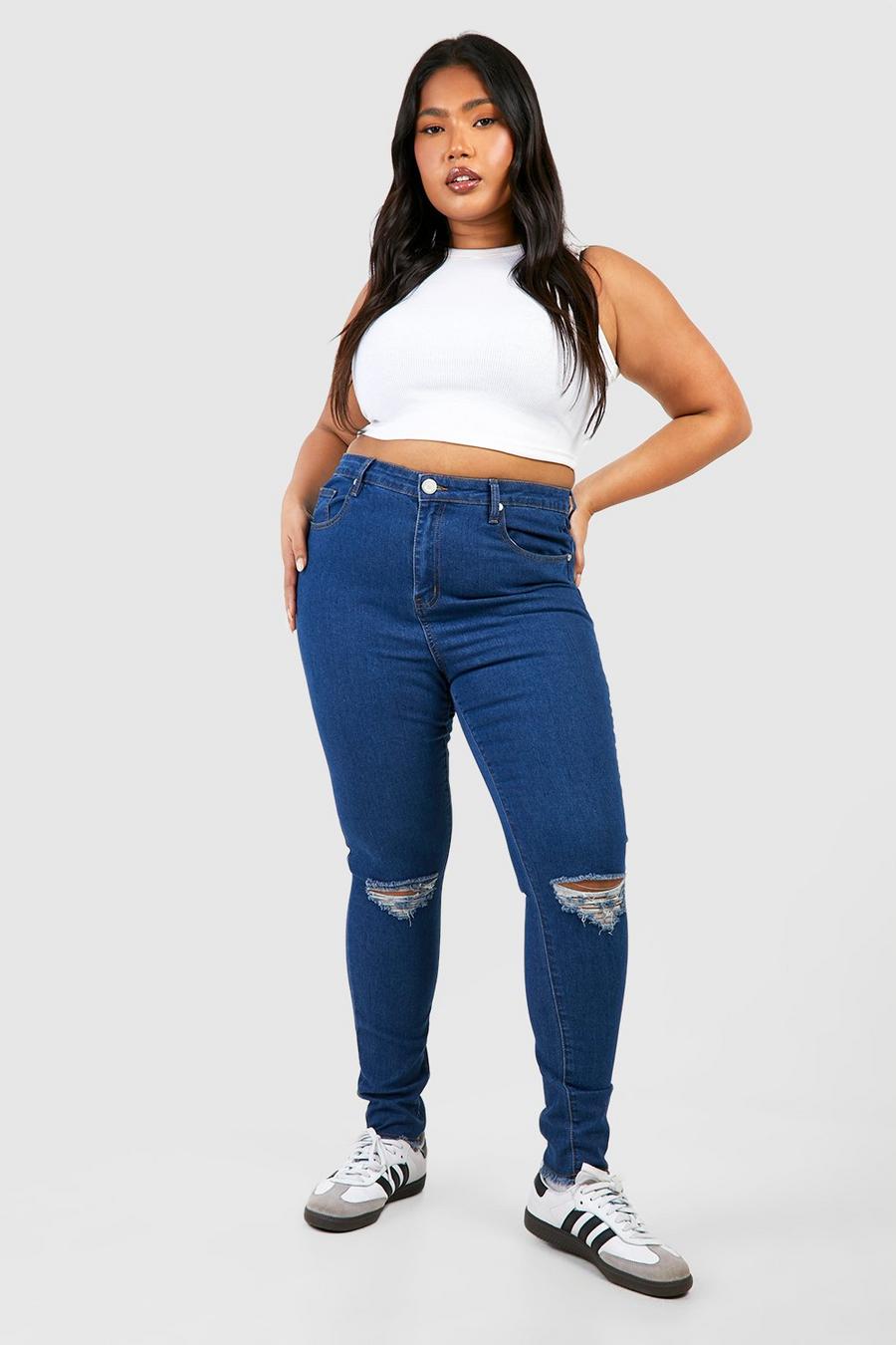 Jeans Plus Size Skinny Fit in denim con strappi sul ginocchio e fondo sfilacciato, Mid wash image number 1