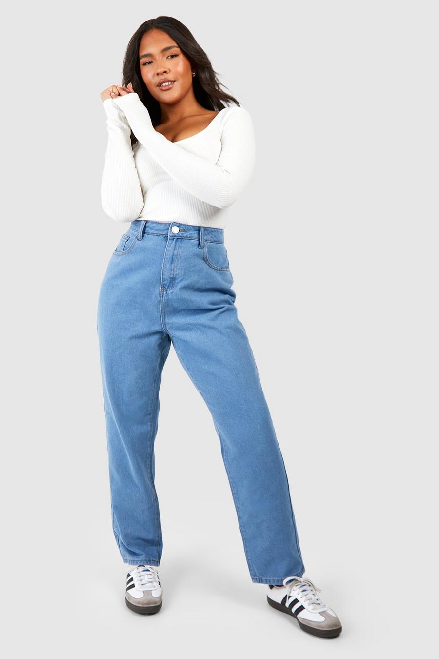 Mid blue Plus Mom jeans med hög midja image number 1