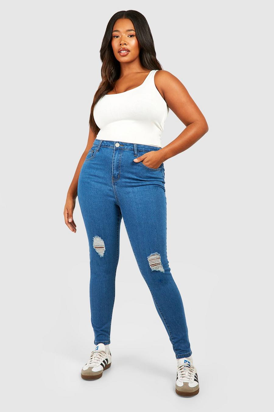 Mid blue Plus High Waisted Distressed Skinny Jeans