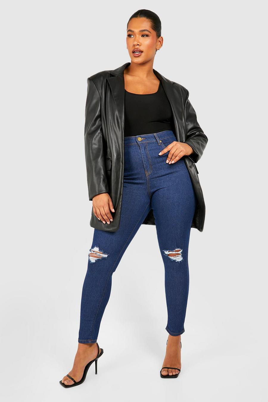 Dark blue Plus High Waisted Distressed Skinny Jeans image number 1