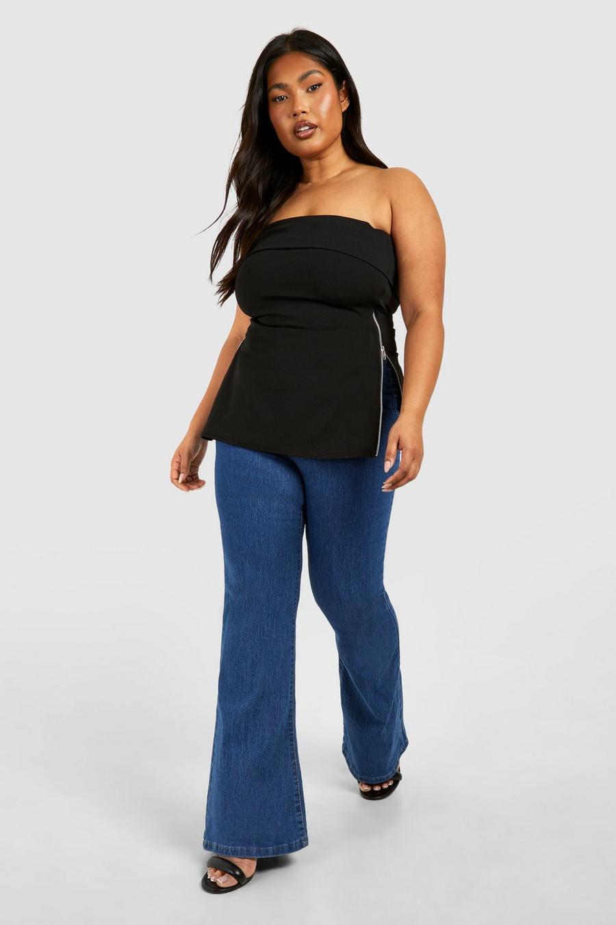 Jeans a zampa Plus Size a vita alta con fondo sfilacciato, Blue image number 1