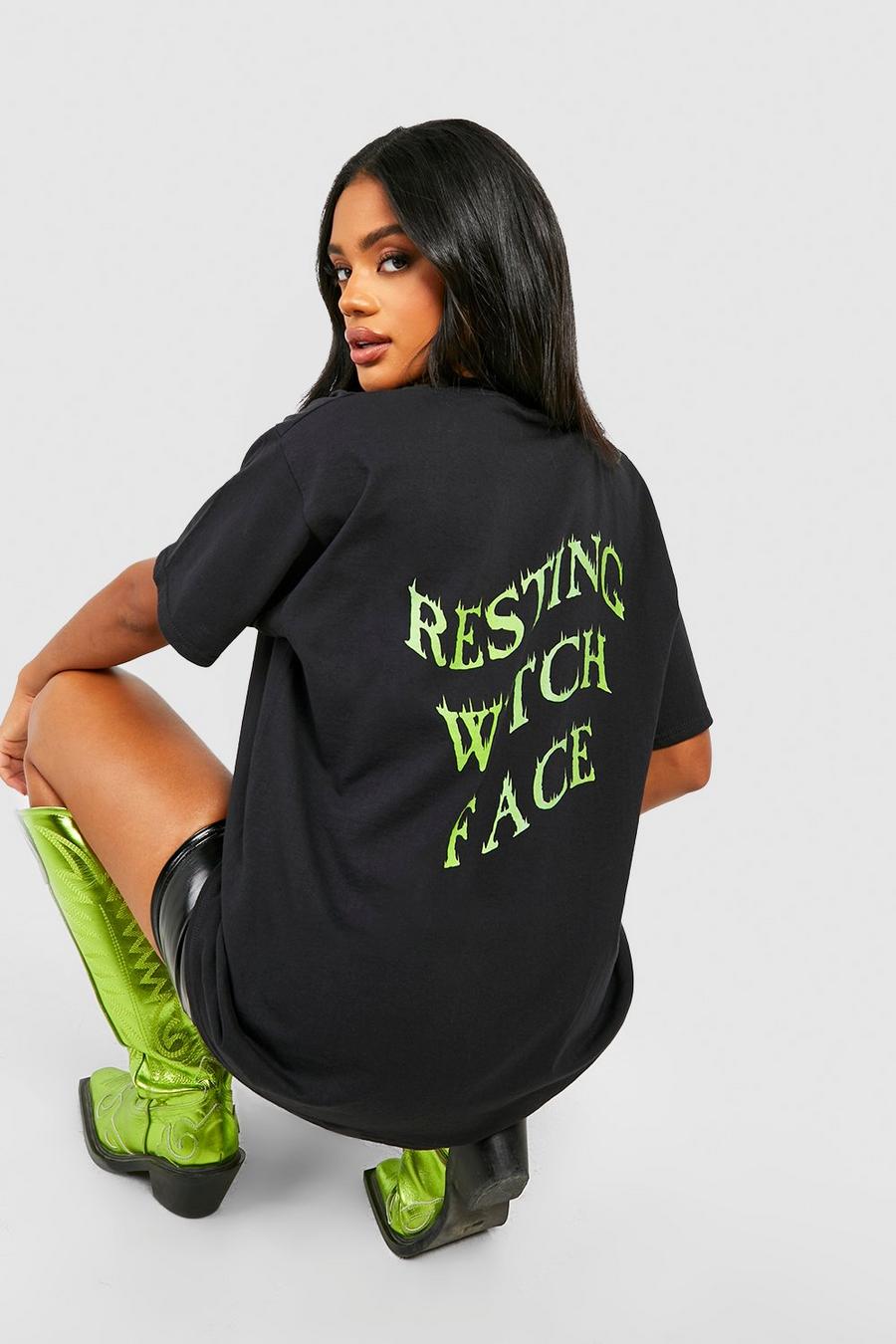 Black svart Halloween Resting Witch Face Back Print Oversized T-shirt