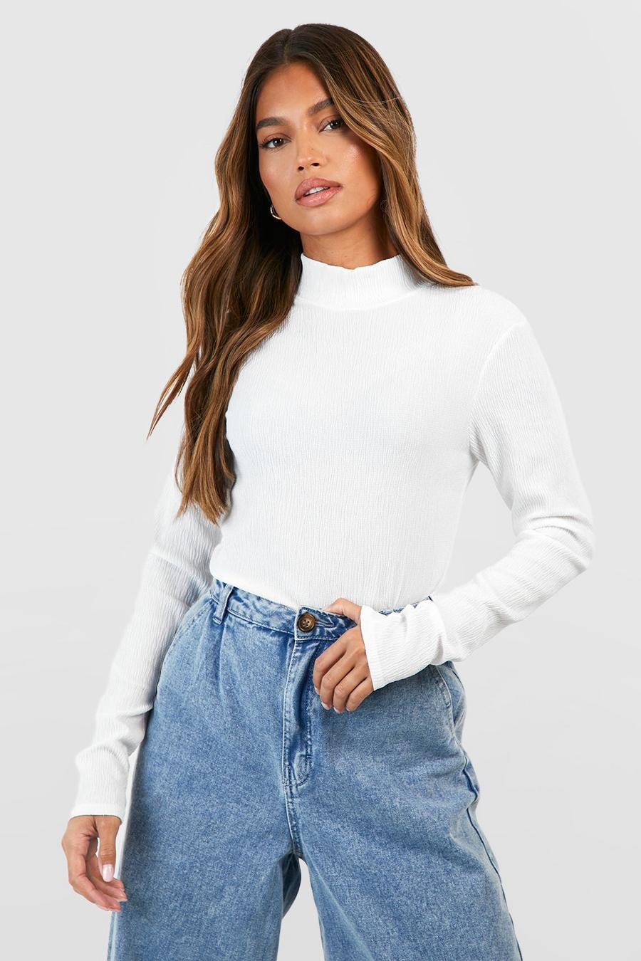 White Crinkle Long Sleeve High Neck Crop Top image number 1