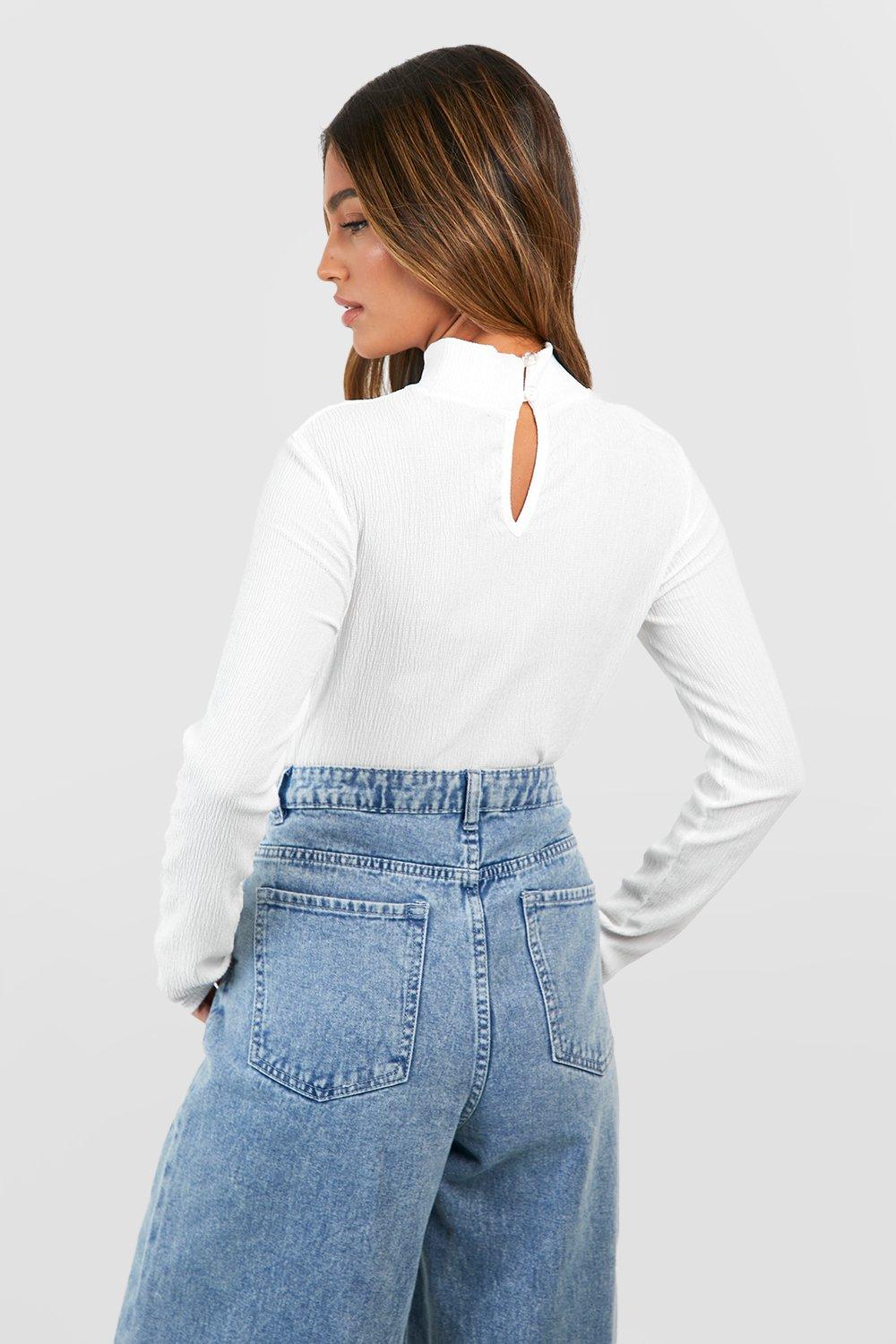 White Crinkle Long Sleeve High Neck Crop Top