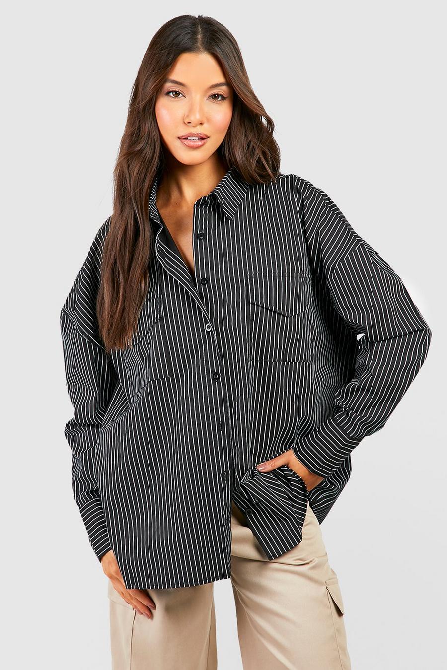 Camisa oversize de rayas finas con dos bolsillos, Black