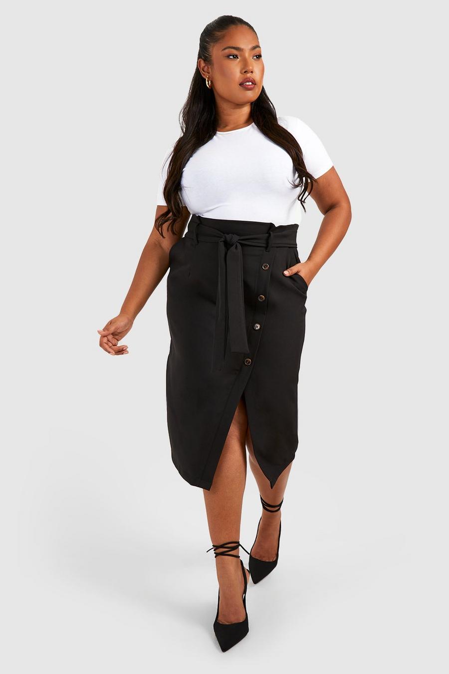 Black negro Plus Woven Horn Button Belted Midi Skirt  image number 1