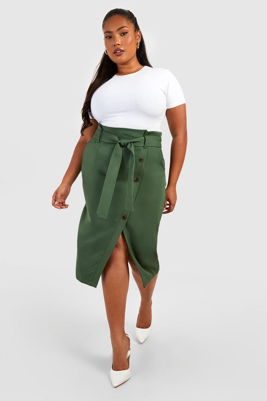 Khaki Plus Woven Horn Button Belted Midi Skirt  image number 1