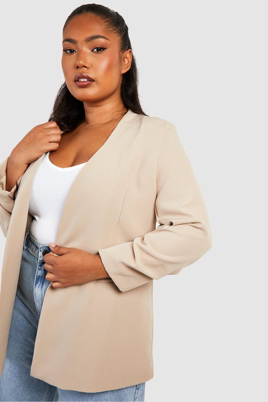 Stone beis Plus Woven Seam Detail Ruched Sleeve Blazer image number 1