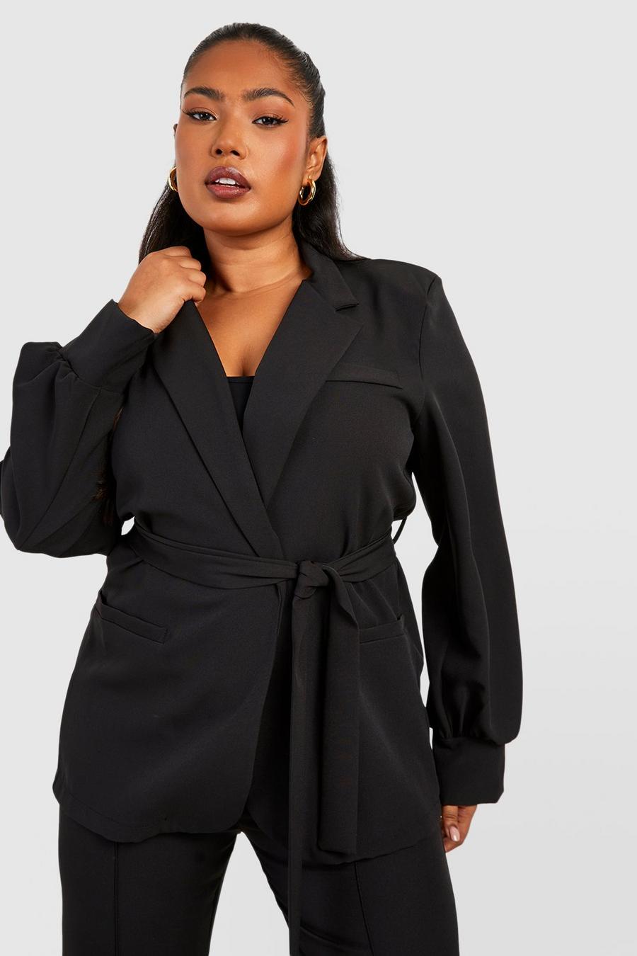 Plus Woven Shoulder Pad Belted Blazer