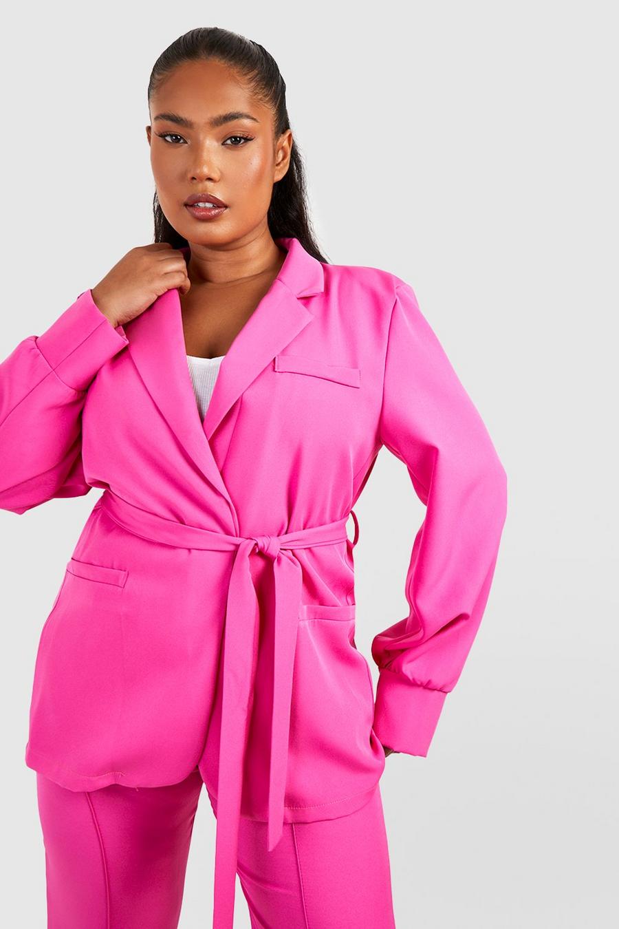 Fuchsia Plus Woven Shoulder Pad Belted Blazer image number 1