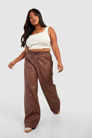 Plus Pu Seam Detail Straight Leg Pants chocolate