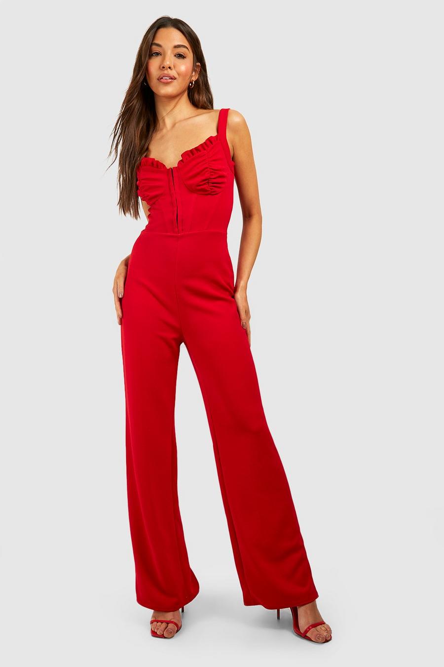 Red Ruched Corset Wide Leg Jumpsuit image number 1