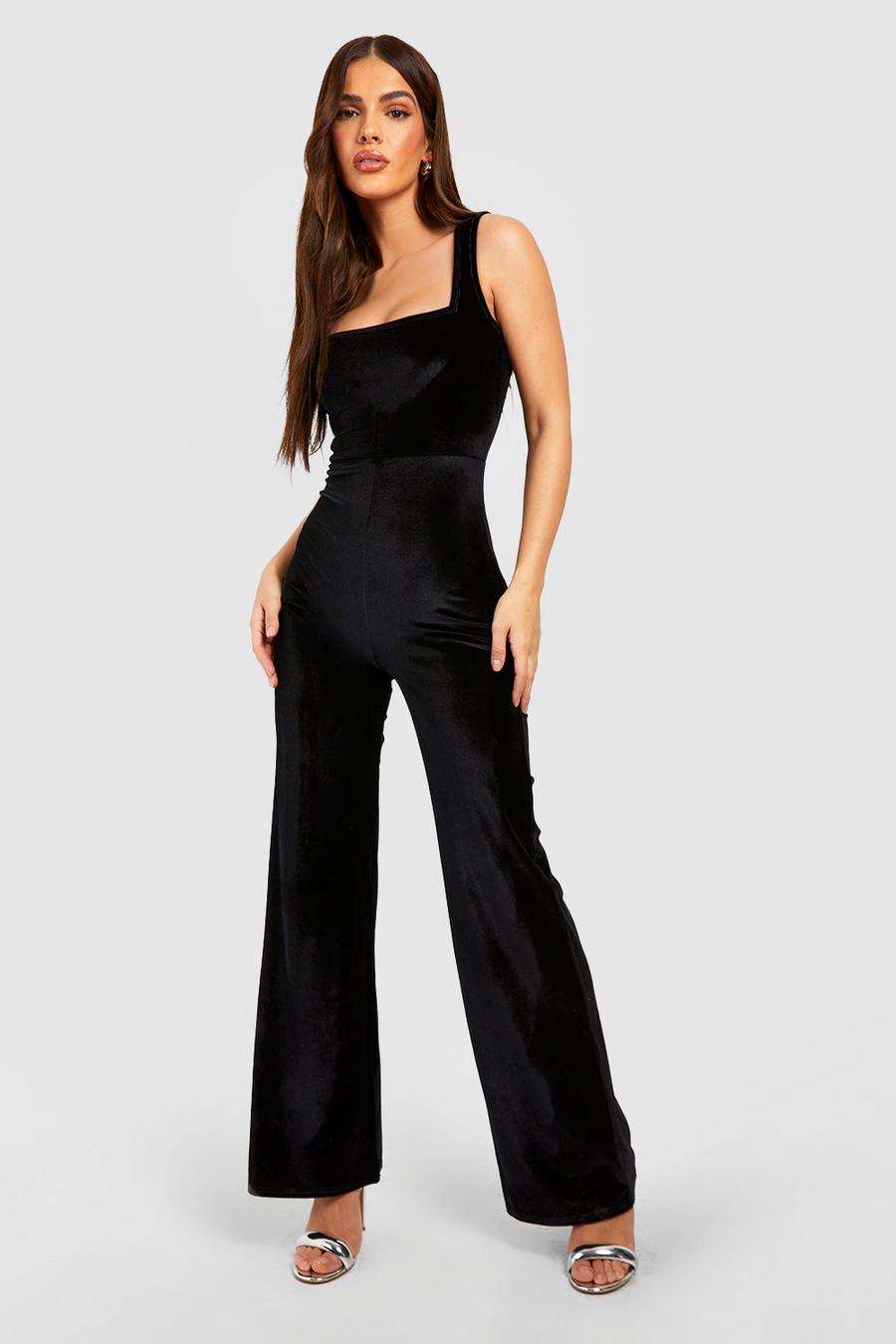 Black Fluwelen Wide Leg Jumpsuit Met Vierkante Hals