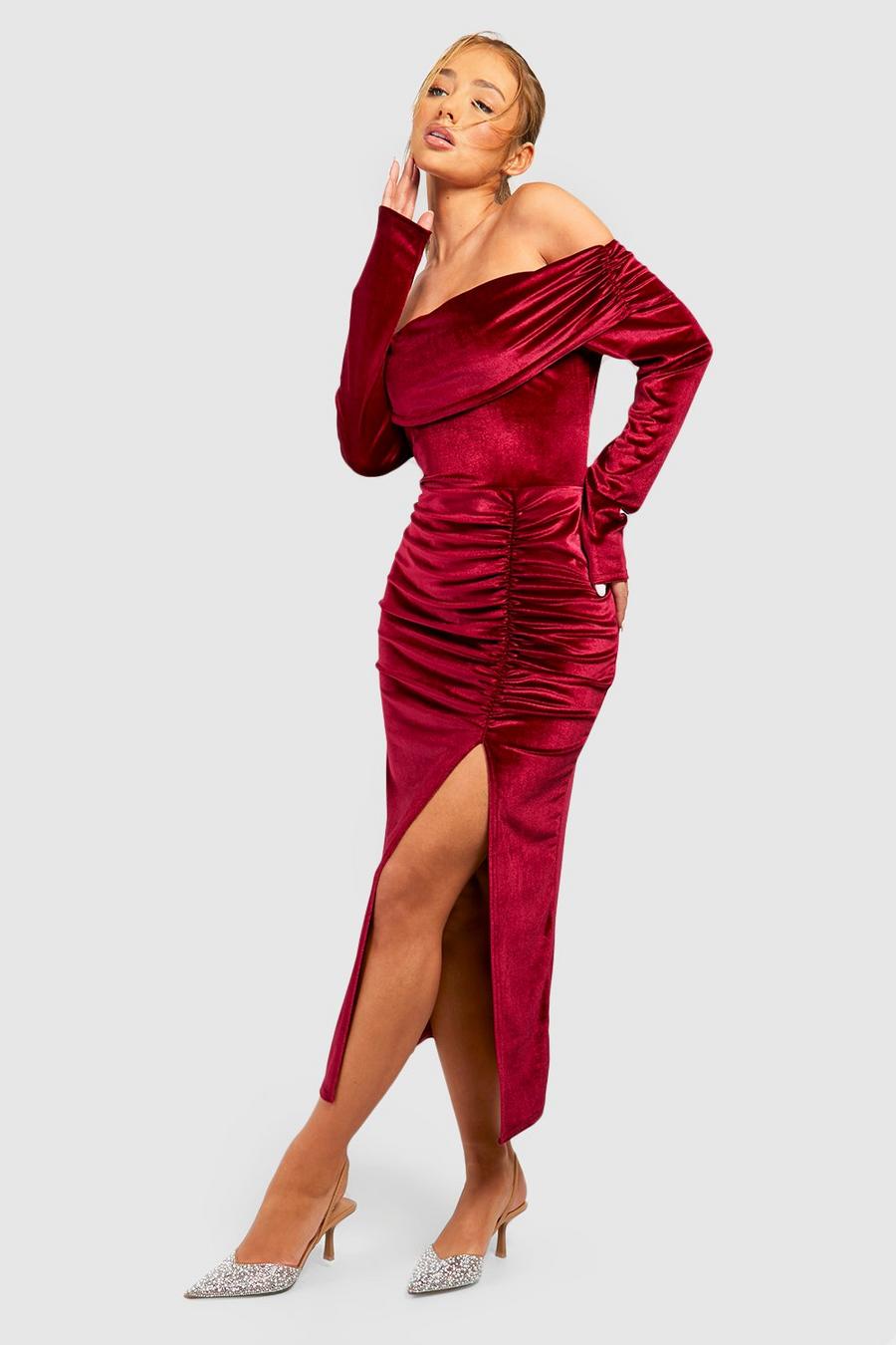 Wine rouge Velvet Bardot Bodycon Midaxi Dress